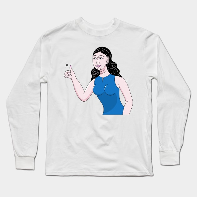 Thumbs up hand, black hair girl in blue dress on modern Thai art style Long Sleeve T-Shirt by somethinginmyhead